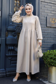 Modest Beige Long Sleeve Dress 36902BEJ - 2