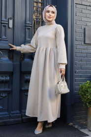 Modest Beige Long Sleeve Dress 36902BEJ - 1