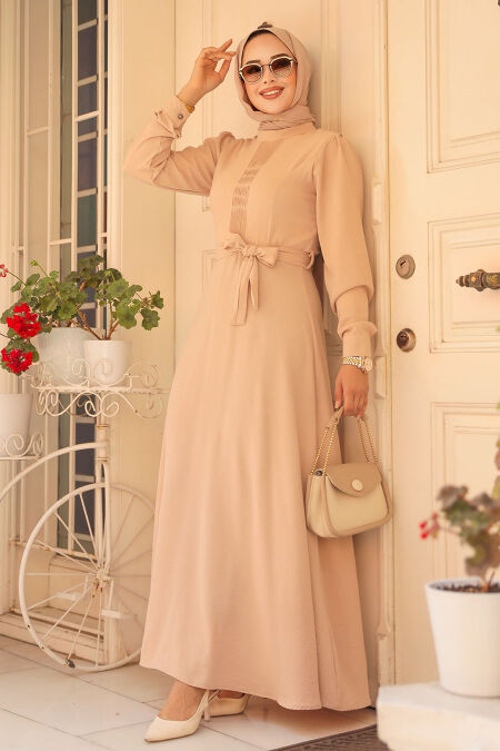 Modest Beige Maxi Dress 6621BEJ - NEVA STYLE