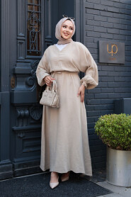 Modest Beige Pastel Dress 19033BEJ - 1