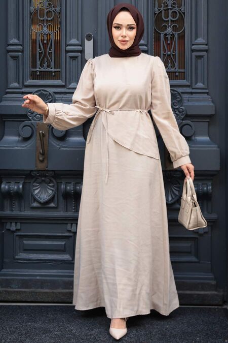Modest Beige Pastel Dress 19042BEJ - NEVA STYLE