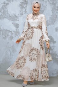 Modest Beige Pleated Floral Dress 344603BEJ 