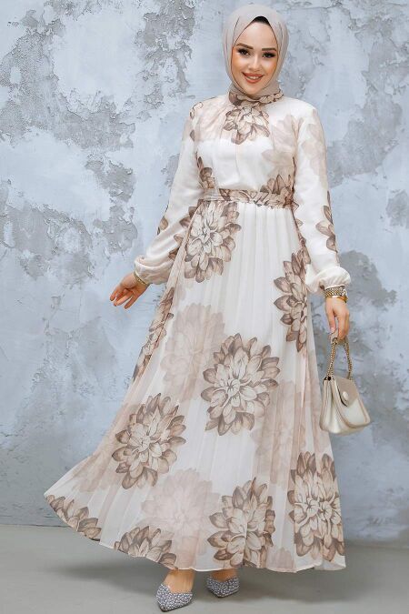 Modest Beige Pleated Floral Dress 344603BEJ - NEVA STYLE