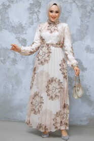 Modest Beige Pleated Floral Dress 344603BEJ - 2