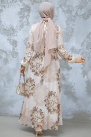 Modest Beige Pleated Floral Dress 344603BEJ - 3