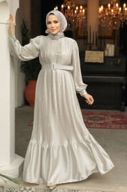 Modest Beige Pleated Maxi Dress 43532BEJ - 2