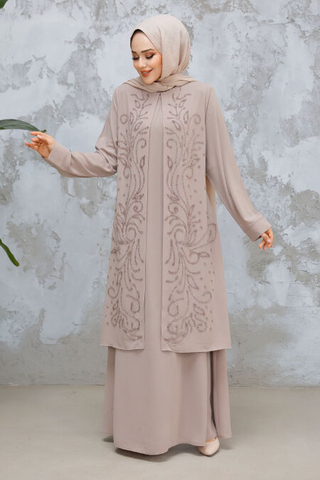 Modest Beige Plus Size Dubai Abaya 29121BEJ - NEVA STYLE