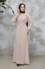 Modest Beige Plus Size Pleated Dress 65879BEJ - 2