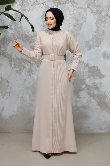 Modest Beige Plus Size Pleated Dress 65879BEJ - NEVA STYLE