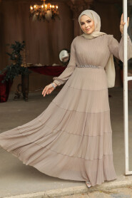 Modest Beige Ruffle Dress 44761BEJ - 1