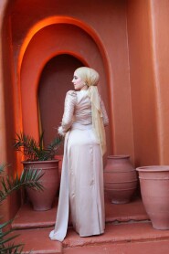 Modest Beige Satin Engagement Dress 52151BEJ - 4