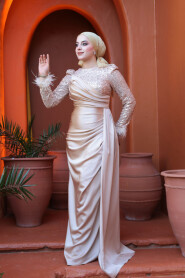 Modest Beige Satin Engagement Dress 52151BEJ - 3