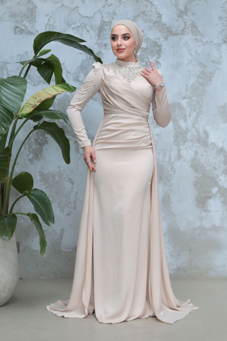 Modest Beige Satin Engagement Gown 51312BEJ - NEVA STYLE