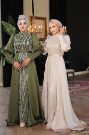 Modest Beige Satin Evening Dress 50901BEJ - 6