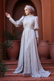 Modest Beige Satin Evening Dress 50901BEJ - 2