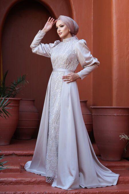 Modest Beige Satin Evening Dress 50901BEJ - NEVA STYLE
