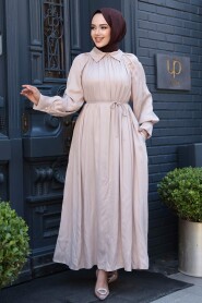 Modest Beige Satin Long Dress 12607BEJ 