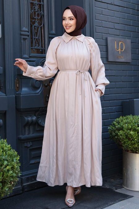 Modest Beige Satin Long Dress 12607BEJ - NEVA STYLE