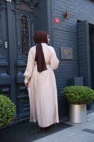Modest Beige Satin Long Dress 12607BEJ - 4