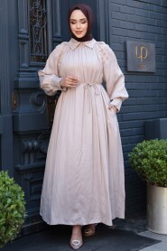 Modest Beige Satin Long Dress 12607BEJ - 2