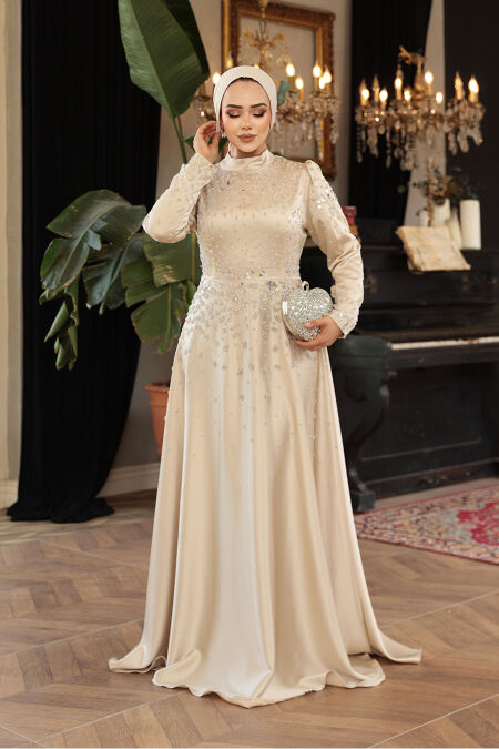 Modest Beige Satin Prom Dress 25894BEJ - NEVA STYLE