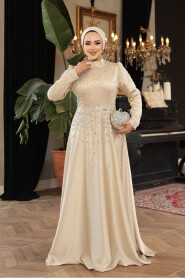 Modest Beige Satin Prom Dress 25894BEJ - 2
