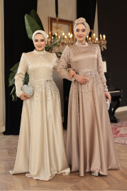 Modest Beige Satin Prom Dress 25894BEJ - 3