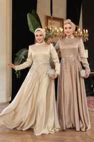 Modest Beige Satin Prom Dress 25894BEJ - 4