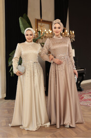 Modest Beige Satin Prom Dress 25894BEJ - 5