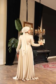 Modest Beige Satin Prom Dress 25894BEJ - 6