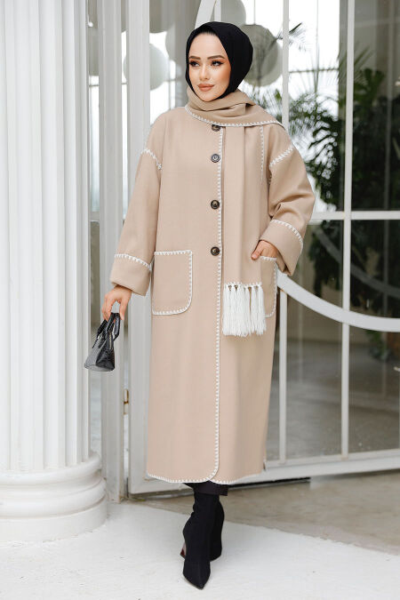 Modest Beige Stamp Coat 7221BEJ - NEVA STYLE