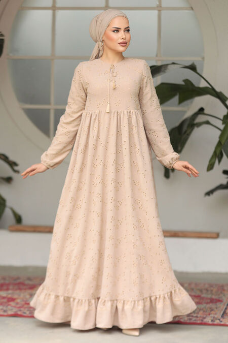 Modest Beige Summer Dress 23201BEJ - NEVA STYLE