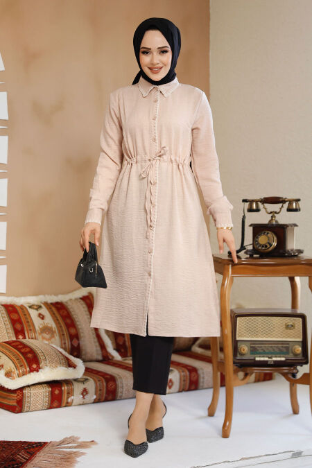 beige dress with blue flowers Portina knitted tunic dress with openwork pattern in beige and brown main image 0