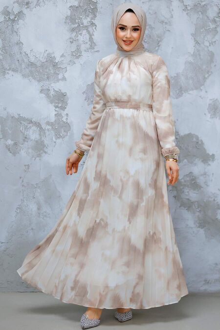Modest Bej Chiffon Dress 34469BEJ - NEVA STYLE