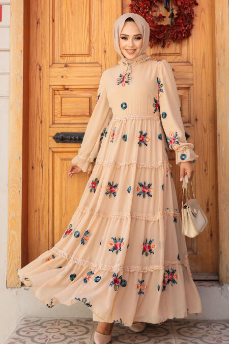 Modest Bej Floral Long Dress 45541BEJ - NEVA STYLE