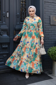 Modest Biscuit Flower Long Dress 22056BS - 1