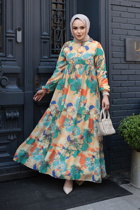 Modest Biscuit Flower Long Dress 22056BS - NEVA STYLE