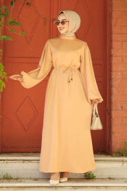 Modest Biscuit Long Satin Dress 30371BS - 1