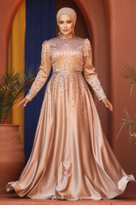 Modest Biscuit Satin Prom Dress 25894BS - NEVA STYLE