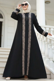 Modest Black Beige Dubai Abaya 29112SBEJ 