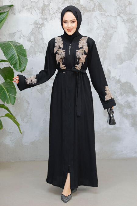 Modest Black Beige Plus Size Dubai Abaya 29124SBEJ - NEVA STYLE