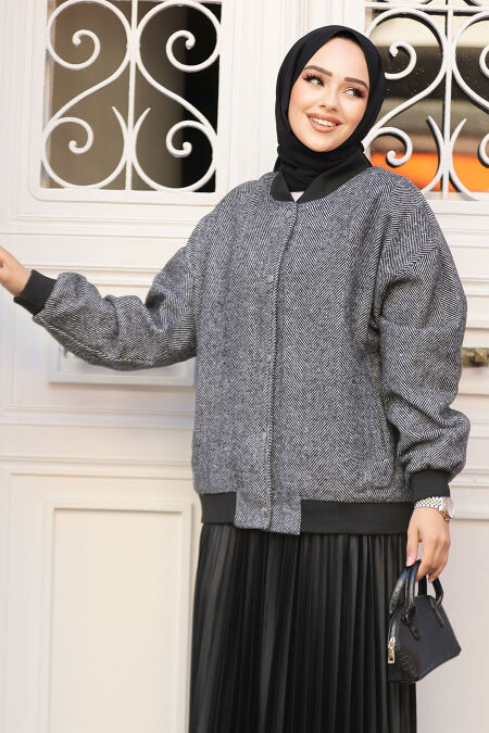 Modest Black Bomber Jacket 9263S - NEVA STYLE