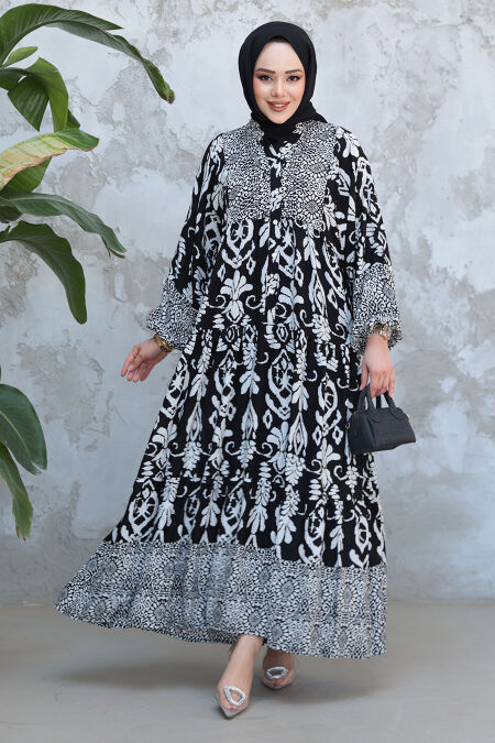 Modest Black White Floral Dress 30015SB - NEVA STYLE