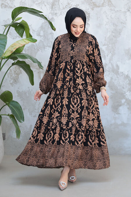 Modest Black Camel Floral Dress 30015SC - NEVA STYLE