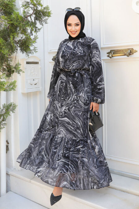 Modest Black Chiffon Dress 60941S - NEVA STYLE