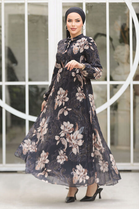 Modest Black Chiffon Floral Dresses 50355S - NEVA STYLE