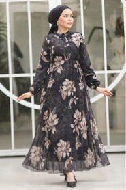 Modest Black Chiffon Floral Dresses 50355S - 3