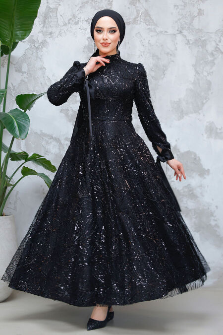 Modest Black Elegant Evening Gown 4908S - NEVA STYLE