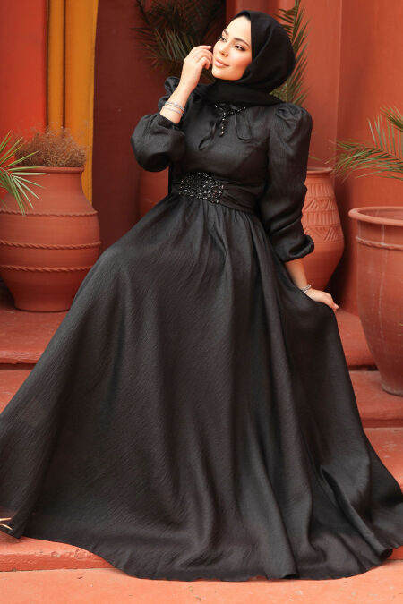 green emerald velvet dress Black Long A-line Tulle Prom Dress, Long Sleeves Modest Evening Gown OKG82  – Demodresses main image 0