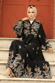 Modest Black Floral Dress 10300S - 1